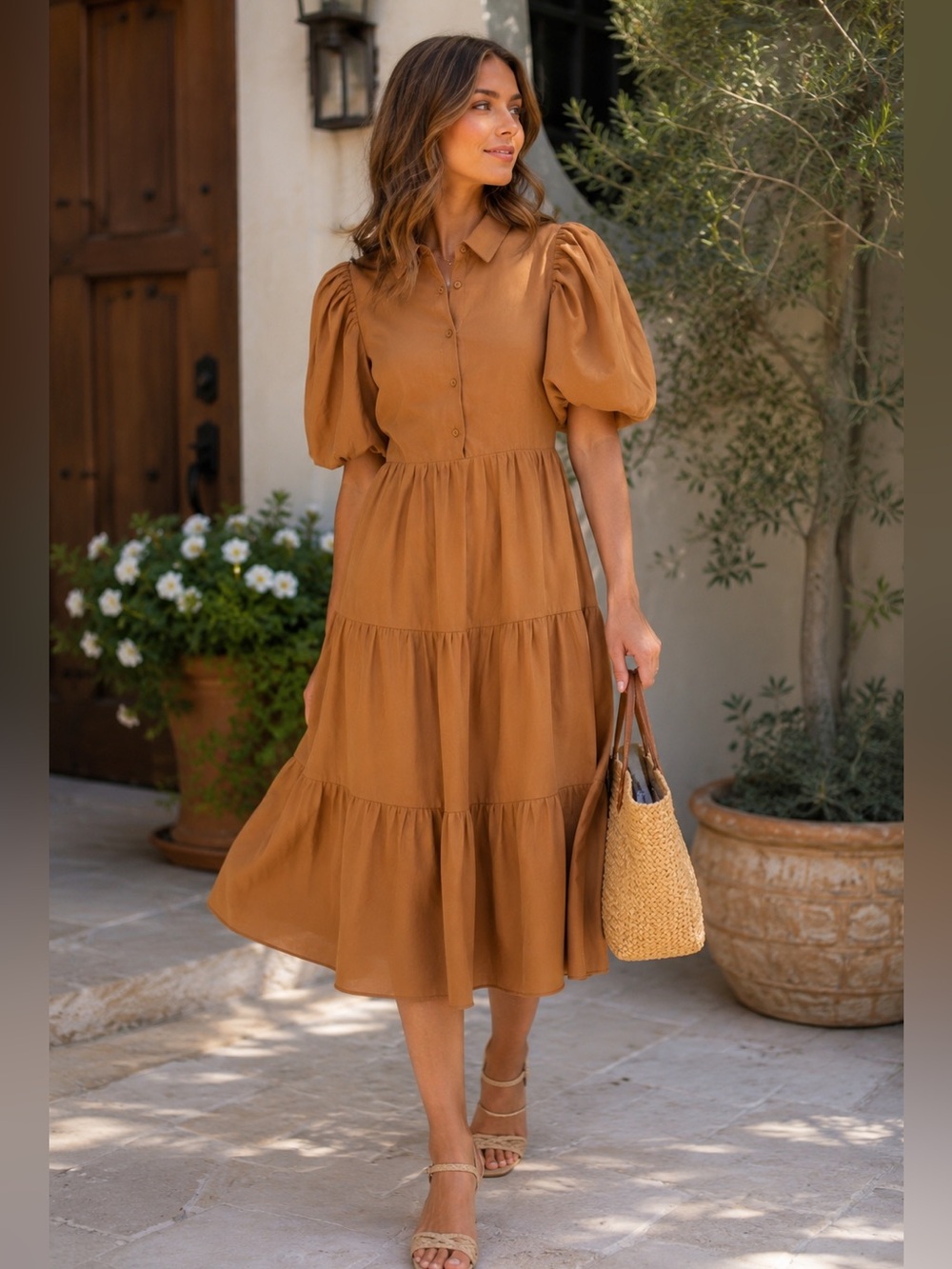 English Factory Tiered Midi Shirt Dress Brown Puff Sleeve Collared Size XS